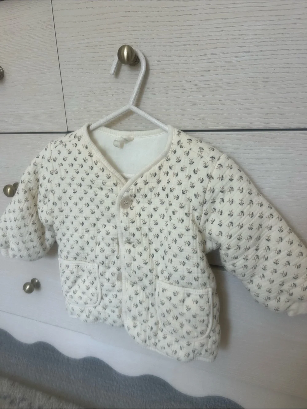Quincy Mae Cream Quilted Puffer Jacket with Tiny Gray Floral Print